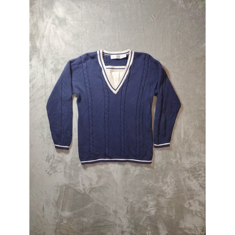 Vtg Robert Scott Sweater Womens M Blue White Trim Mock V-Neck Cable Knit Preppy